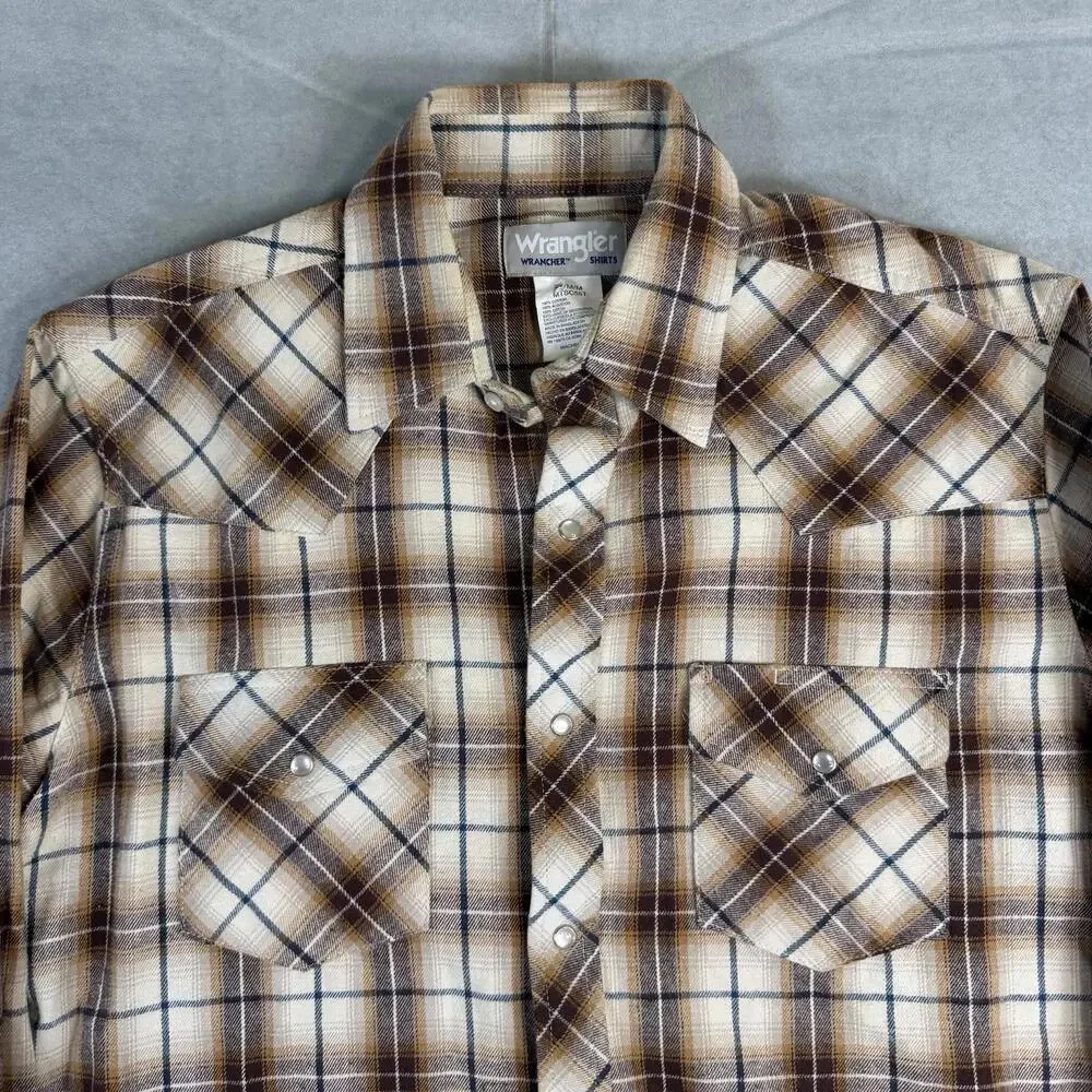 Wrangler Western Flannel Shirt Mens Medium Brown Plaid Pearl Snap Wrancher
